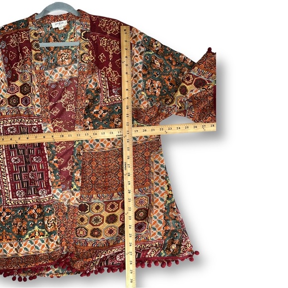 UMGEE Boho Patchwork Kimono with Pom Tassels Oversized Cover Up Top Brown M - Picture 5 of 6